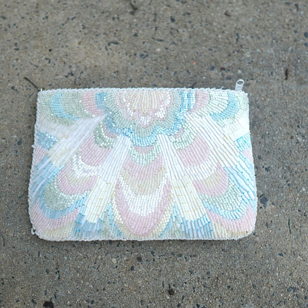 Vintage Reagle Ltd Beaded Clutch Bag Pastel Pink Blue Floral Hand Crafted Purse